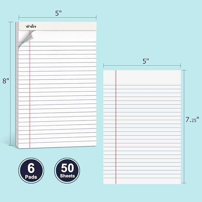 ViVin 5 x 8 Inch Legal Pads, 6 Pack, Narrow Ruled, 50 Sheets Per Writing Pad - Image 2