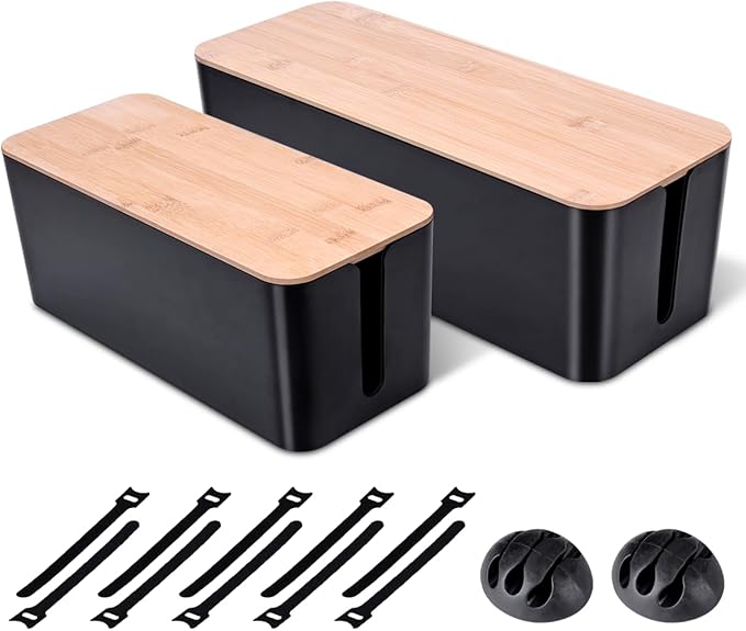 2 Pack Large Cable Management Box – Wooden Style Cord Organizer Box and Cover by Unknown