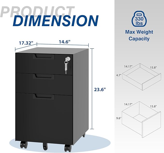 Fesbos 3 Drawer Vertical File Cabinet, Mobile Filling Cabinets - Image 3