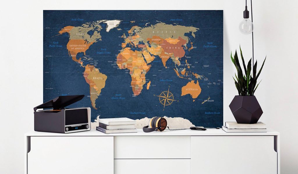 artgeist - Push Pin World Map Cork Board & Canvas Wall Art, Office 35x24 in