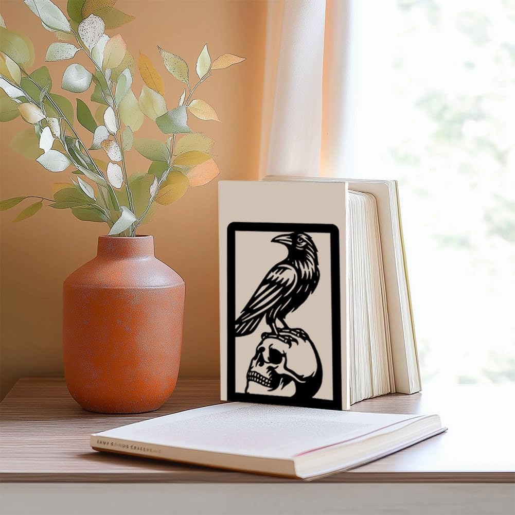 Raven and Skull Decor Gothic Metal Bookends for Shelves, Office Desk Organizer Book Ends for Heavy Books, Home Office Desk Bookshelf Decor Gift for Gothic Lovers and Reading Enthusiasts