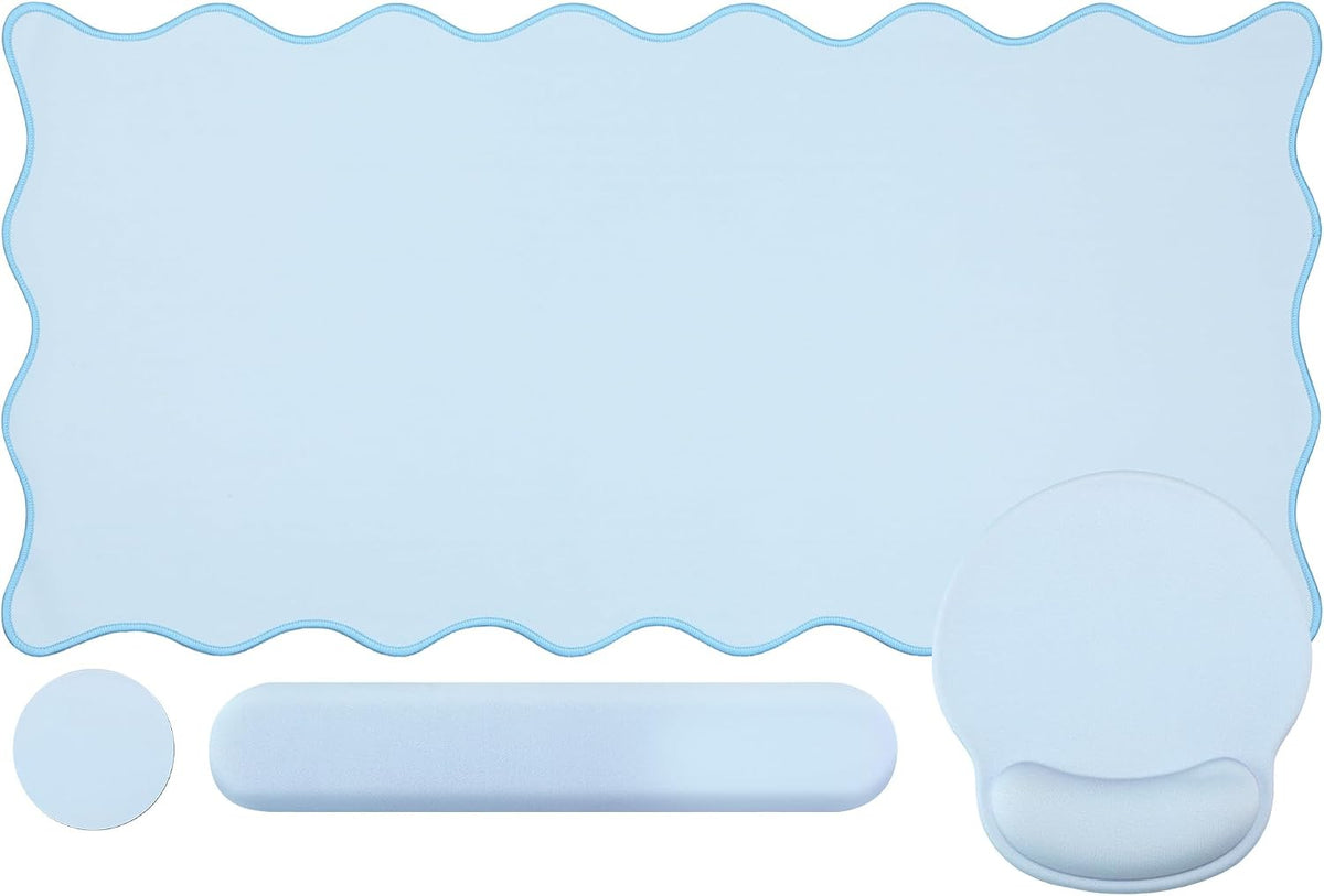 Sabary Scalloped Desk Mat Keyboard Mouse Pad Set Blue 35.5 x 15.7 Inch