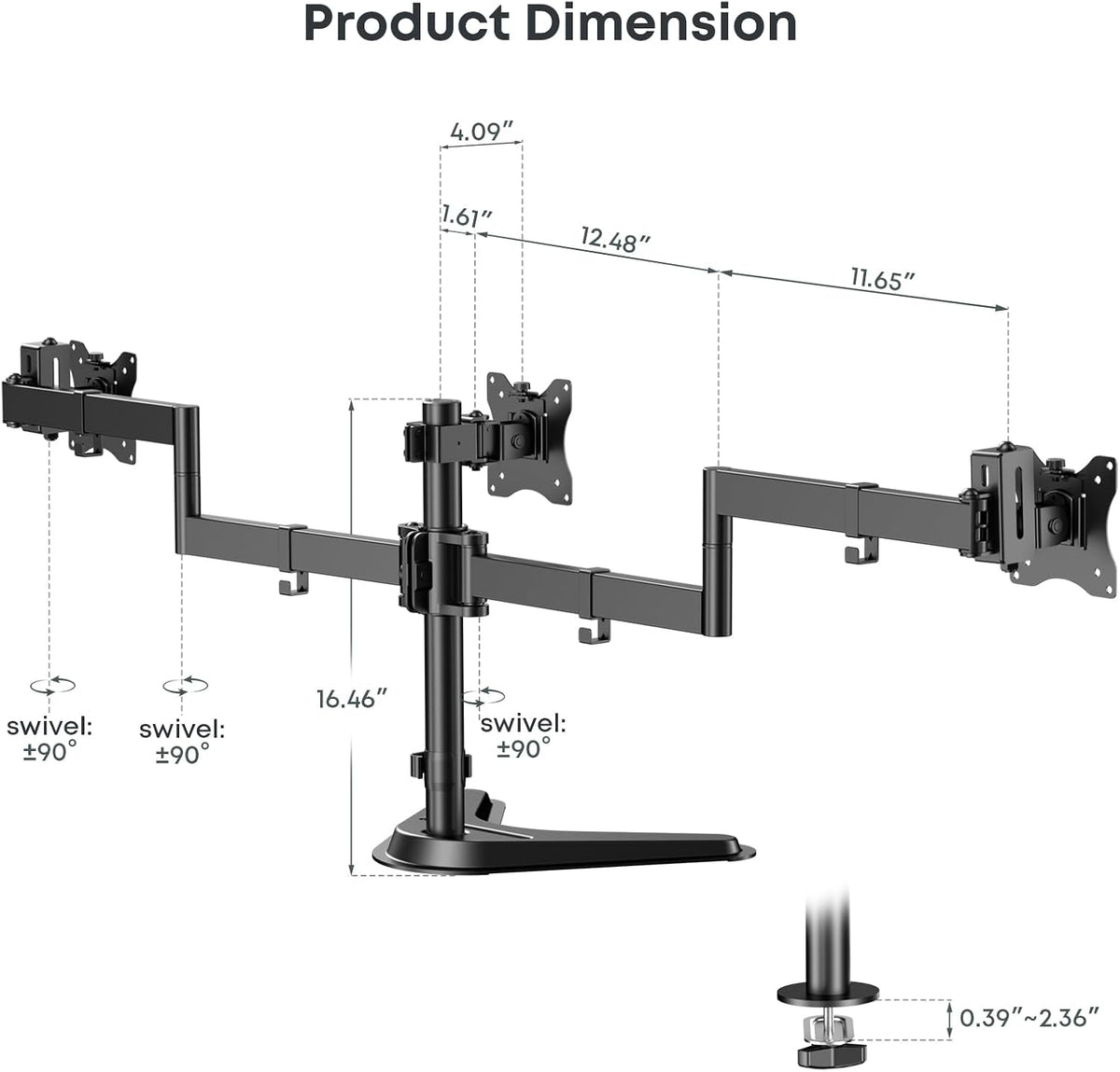 Triple Monitor Stand fits 3 Screens up to 27 Inches, Freestanding
