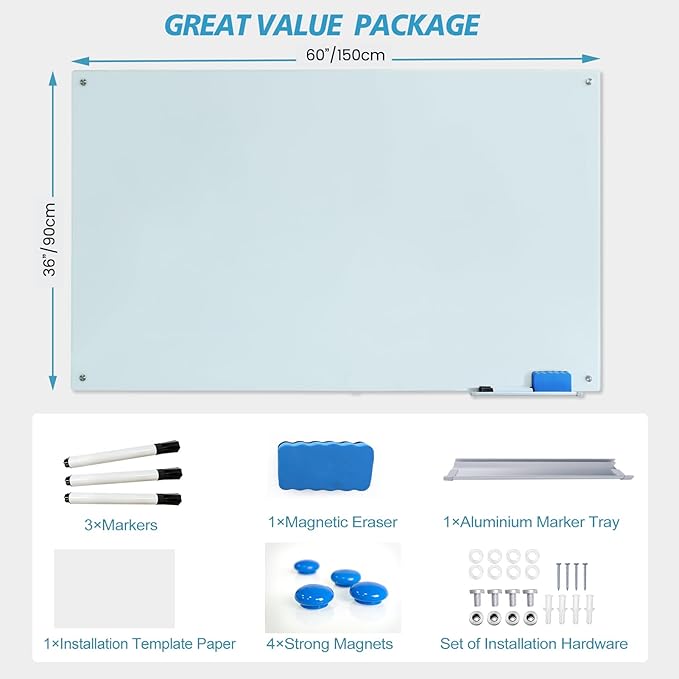 Magnetic Glass Dry Erase Board 36"x60" Glass Whiteboard 36"x60" Wall Mounted - Image 5