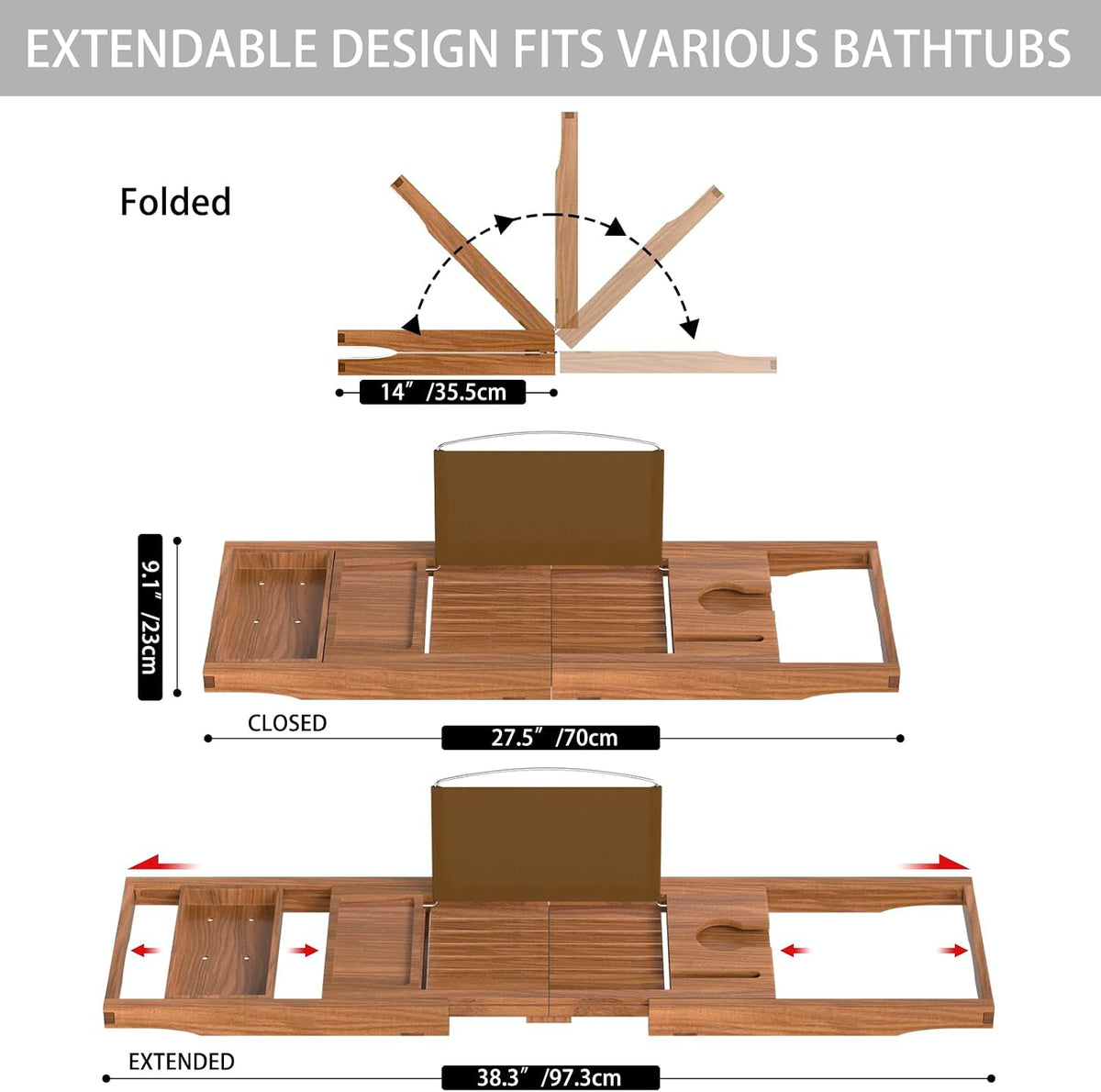 Bathtub Tray Caddy, Expandable Teak Wood Bath Tray for Tub