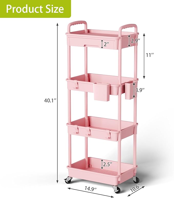 Sorgion 4 Tier Rolling Cart Organizer, Art Craft Diaper Bedside Snack Laundry - Image 3