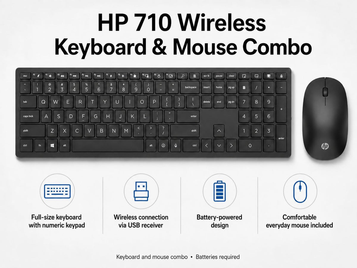 HP 710 Wireless Keyboard and Mouse Combo, Slim Design with Silent Keys, 2.4GH...