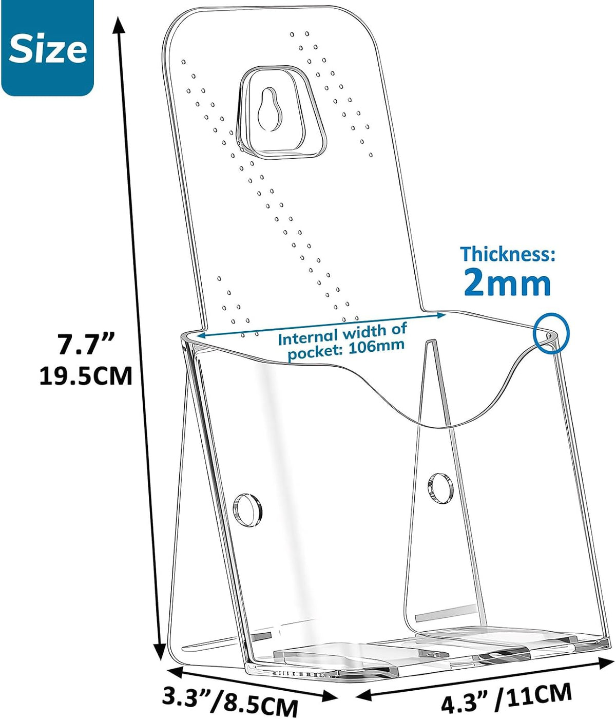 clear 4x9 trifold brochure holder, acrylic rack card showing dimensions