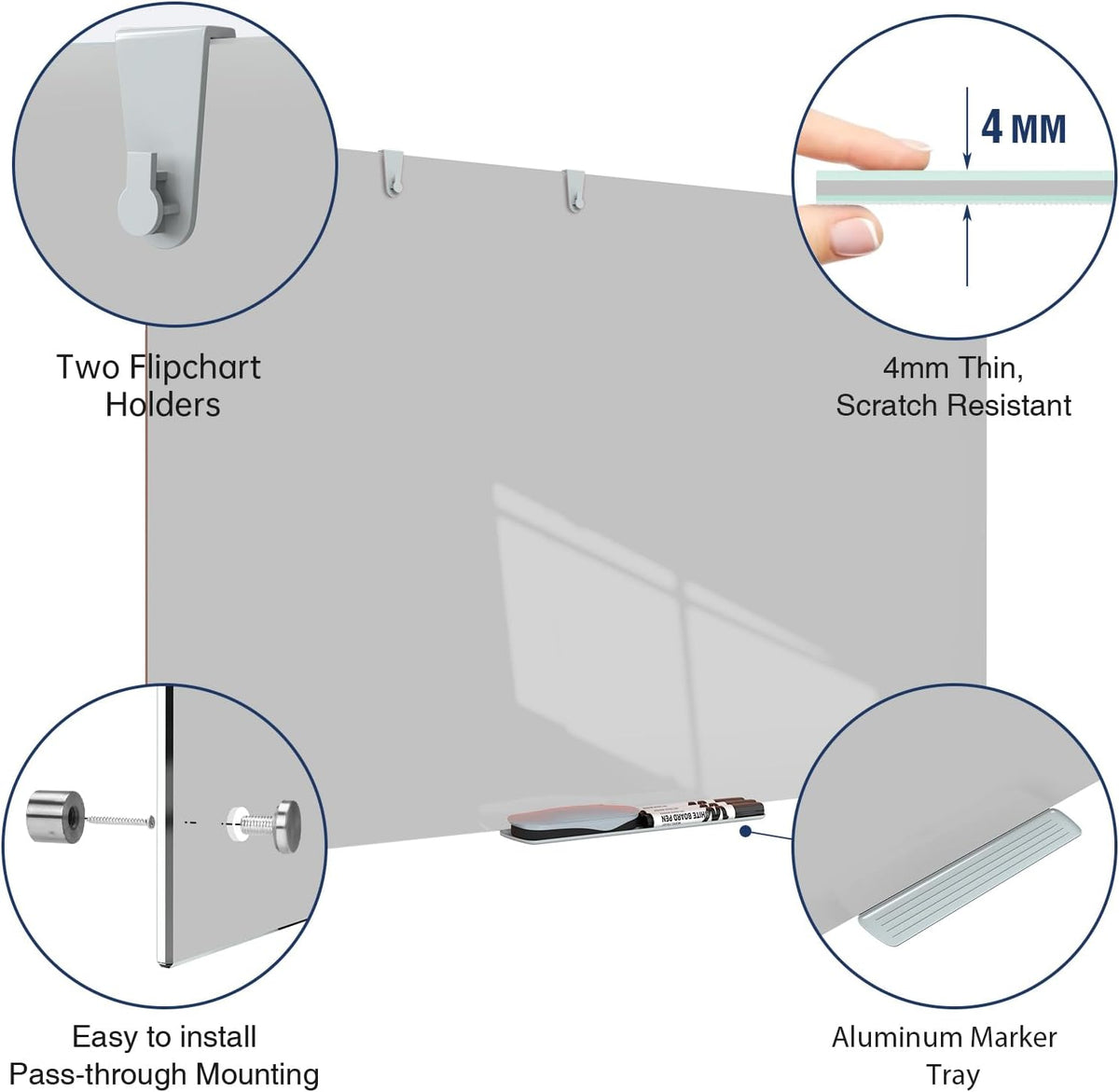 TSJ OFFICE White Board for Wall - 36" x 24" Gray Glass Board 3 X 2 FT