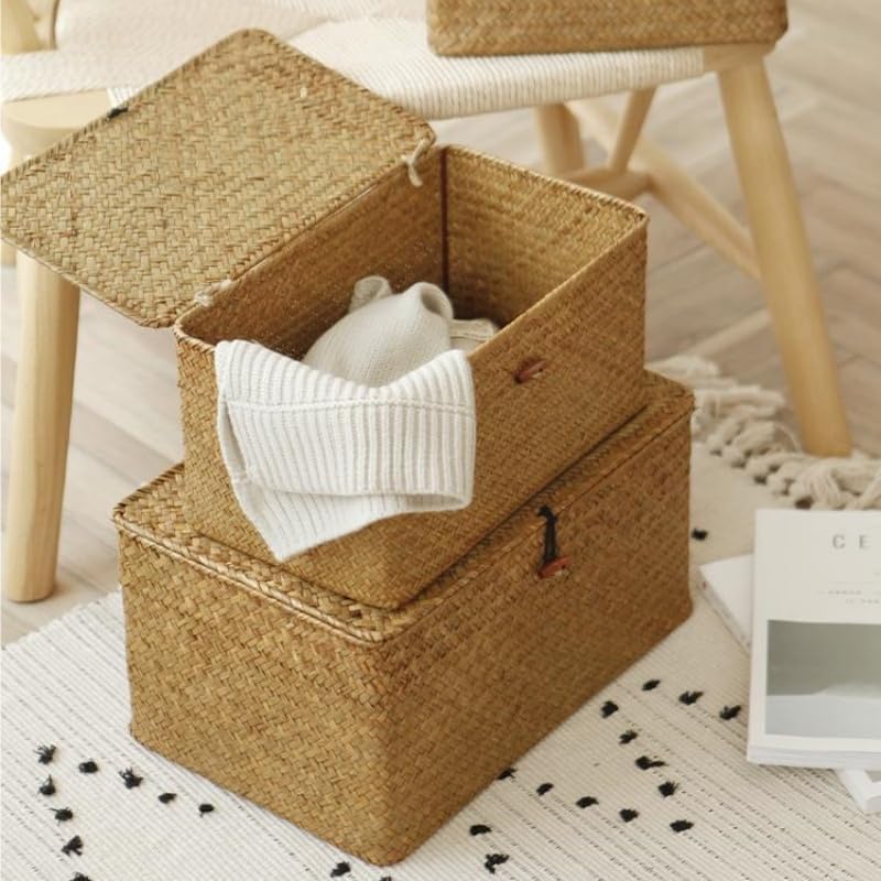 Wicker Basket with Lid, Seagrass Storage Basket, Woven Baskets for Storage, D...