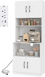Kitchen Hutch with Countertop, 66" Tall Modern Farmhouse Coffee Bar Pantry Cabinet with Charging Station & Microwave Shelf for Small Spaces, Studio, Apartment (White)