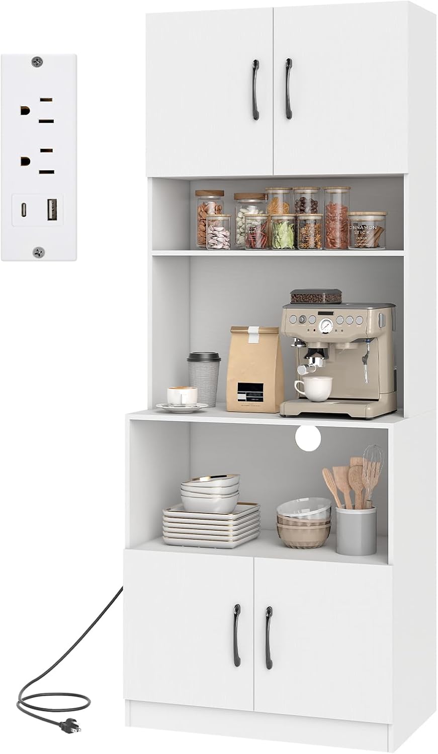 Kitchen Hutch with Countertop, 66" Tall Modern Farmhouse Coffee Bar Pantry Cabinet with Charging Station & Microwave Shelf for Small Spaces, Studio, Apartment (White)