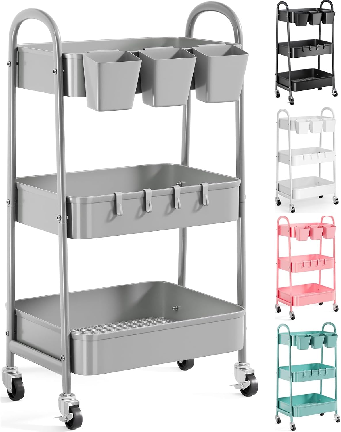 3 Tier Gray Metal Rolling Cart, Three Tiered Storage Dorm Carts with Wheels