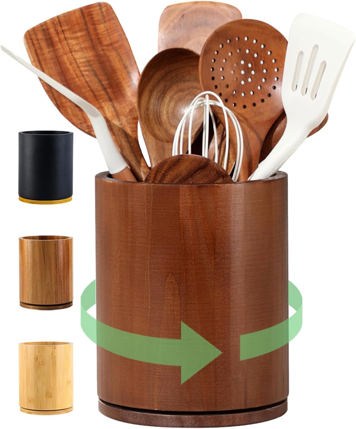 Walnut Utensil Holder, 360° Rotating 7.3 in Kitchen Organizer