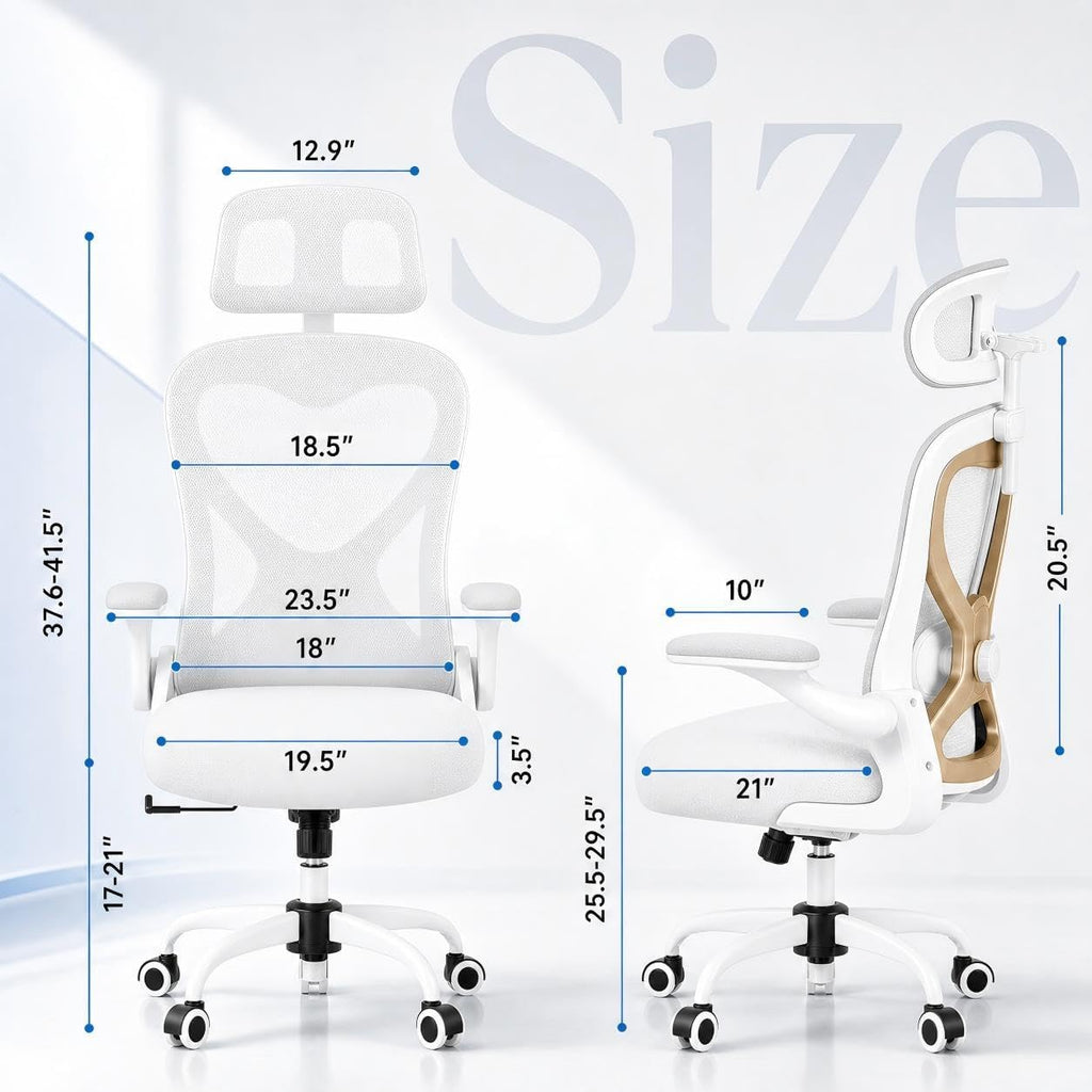 Ergonomic Office Chair for Back & Neck Pain Relief, Virgin Foam Seat, 2D Adjustable Lumbar & 3D Headrest, Tilt & Rock for Relaxation, Ideal for Long Sitting Comfort, White/Gold