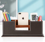 KINGFOM™ Double Holder Wood Leather Multi-Function Desk Stationery Organizer - Image 6