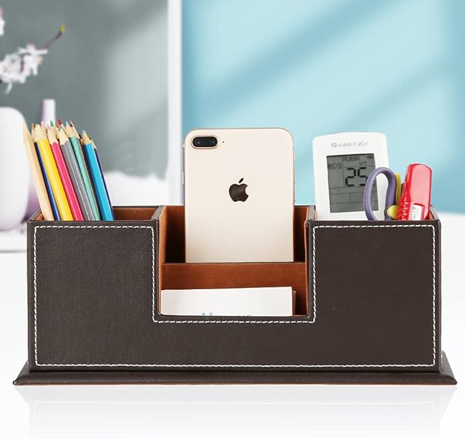 KINGFOM™ Double Holder Wood Leather Multi-Function Desk Stationery Organizer - Image 6