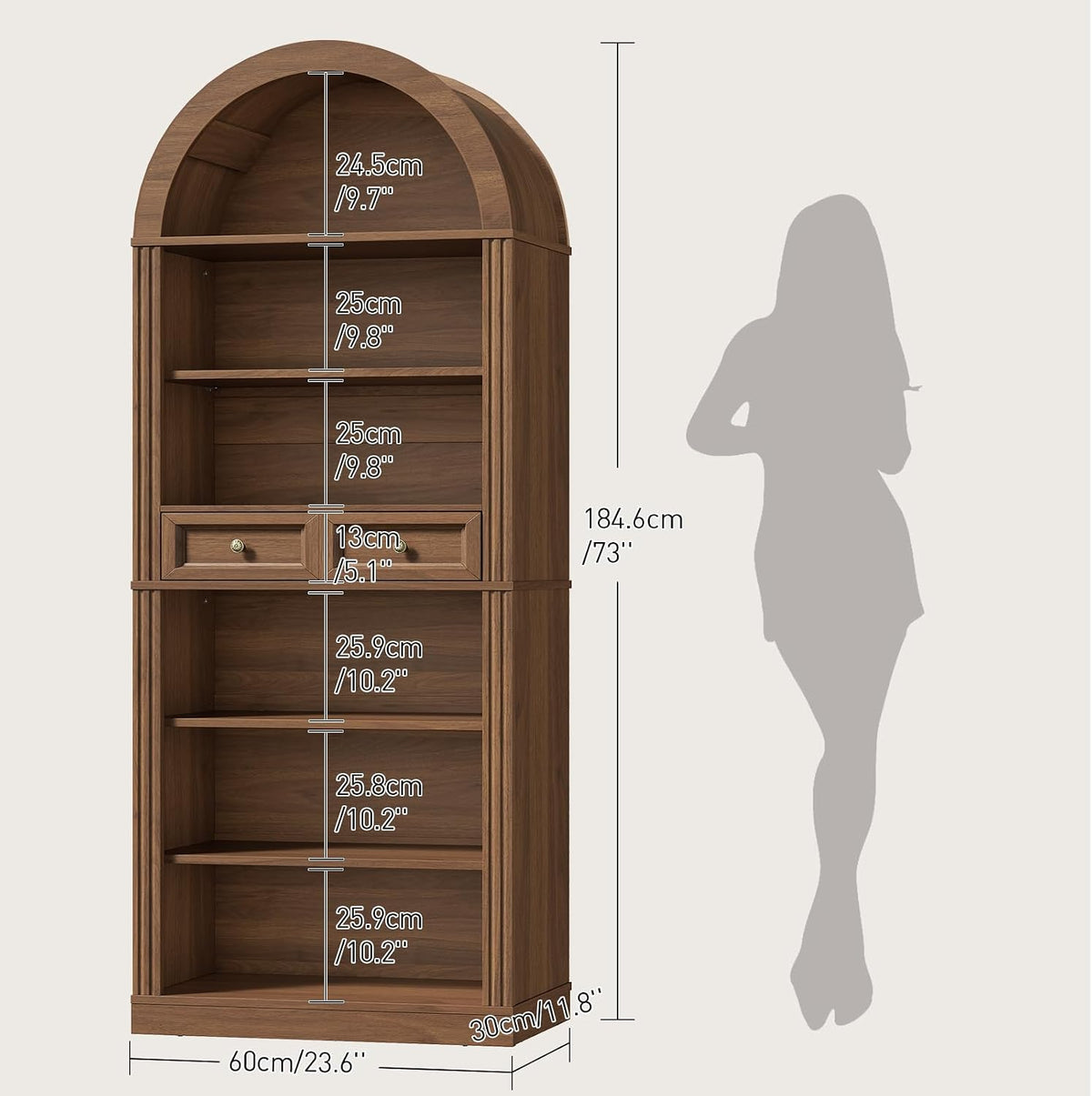 RALGEND Arched Bookshelf, 73" Tall Arch Bookcase with Drawer, 6-Tier Far...