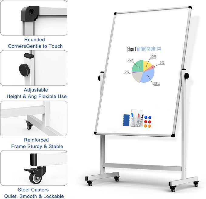 Rolling Whiteboard on Wheels, Double-Sided Magnetic Dry Erase Board - Image 3
