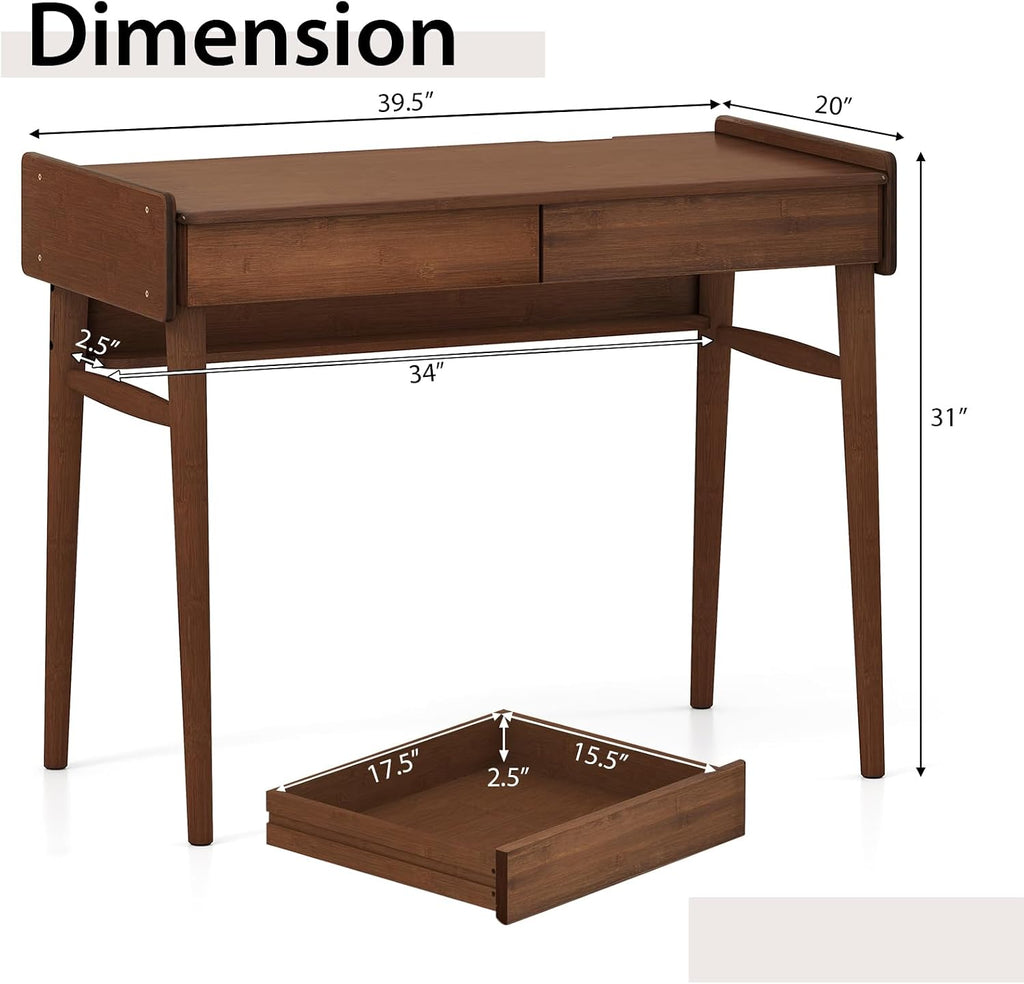 Tangkula Bamboo Mid Century Desk with 2 Storage Drawers, Home Office Study Writing Desk with Shelf & Cable Management Groove, Home Office Desk for Working & Learning (Brown)