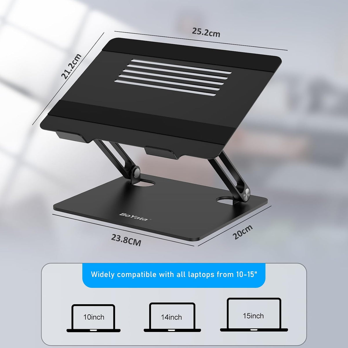 BoYata Laptop Stand, Adjustable Metal Desktop Riser, Up to 15 Inches, Black