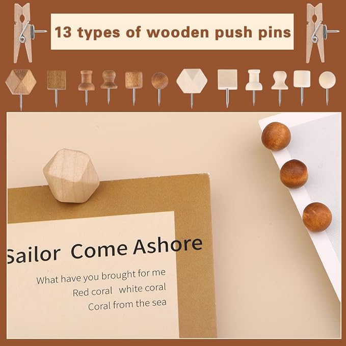 270 Pcs Wood Push Pins, 2 Colors and 7 Types Decorative Thumb Tacks Wooden Head - Image 5