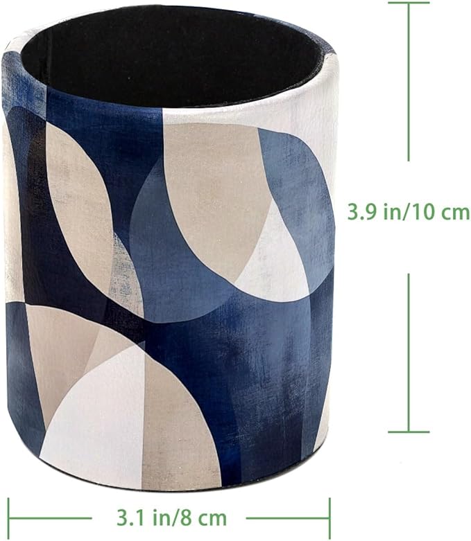 Leather Pen Holder for Desk, Abstract Geometric Blue Brown Print Pencil Cup - Image 4