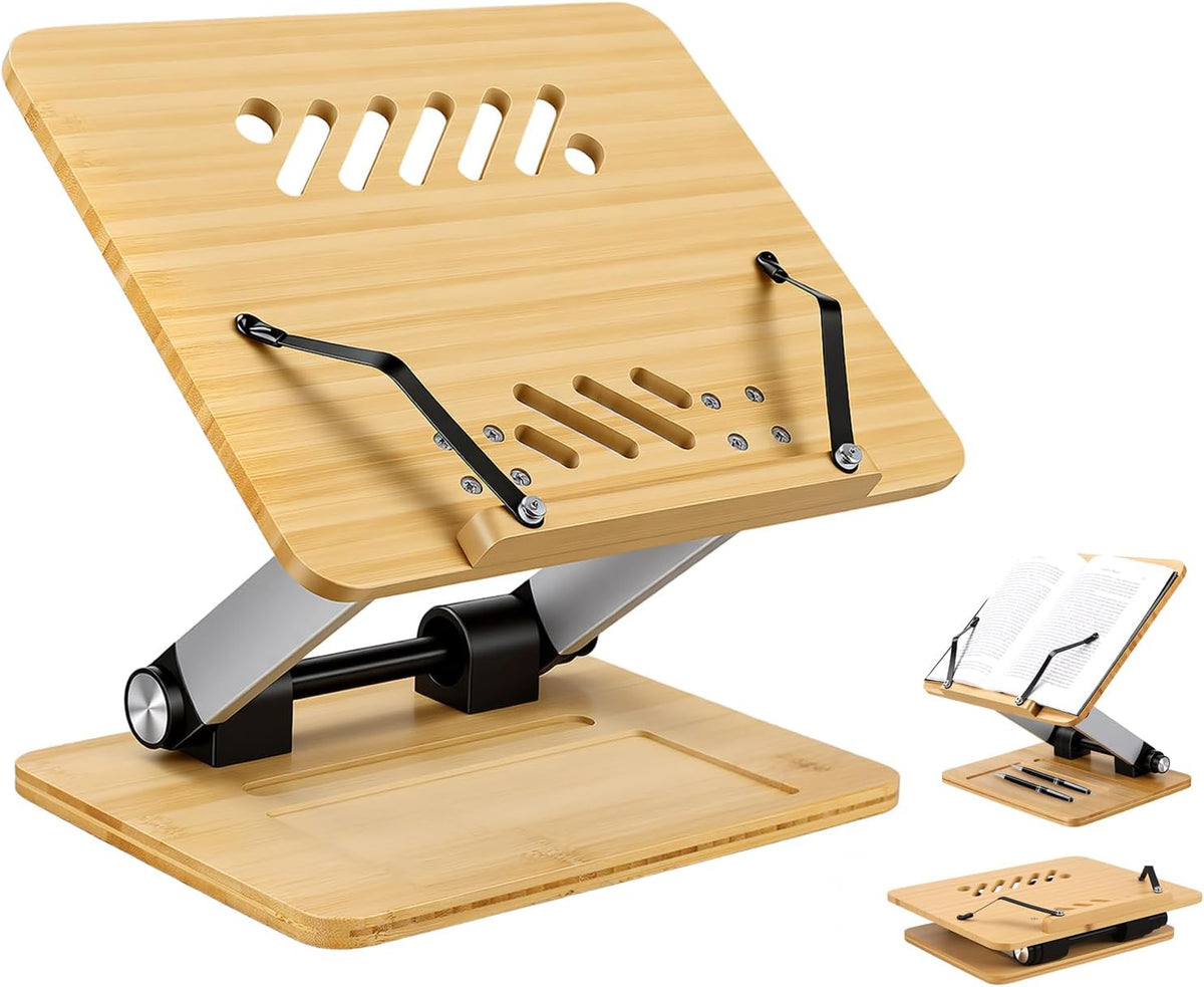 Bamboo Adjustable Book Stand, Foldable Cookbook Holder (Natural Bamboo)