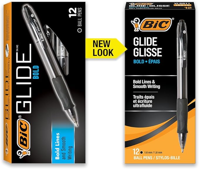 BIC Glide Bold Black Ballpoint Pens, Bold Point, 12-Count Pack, Retractable - Image 2