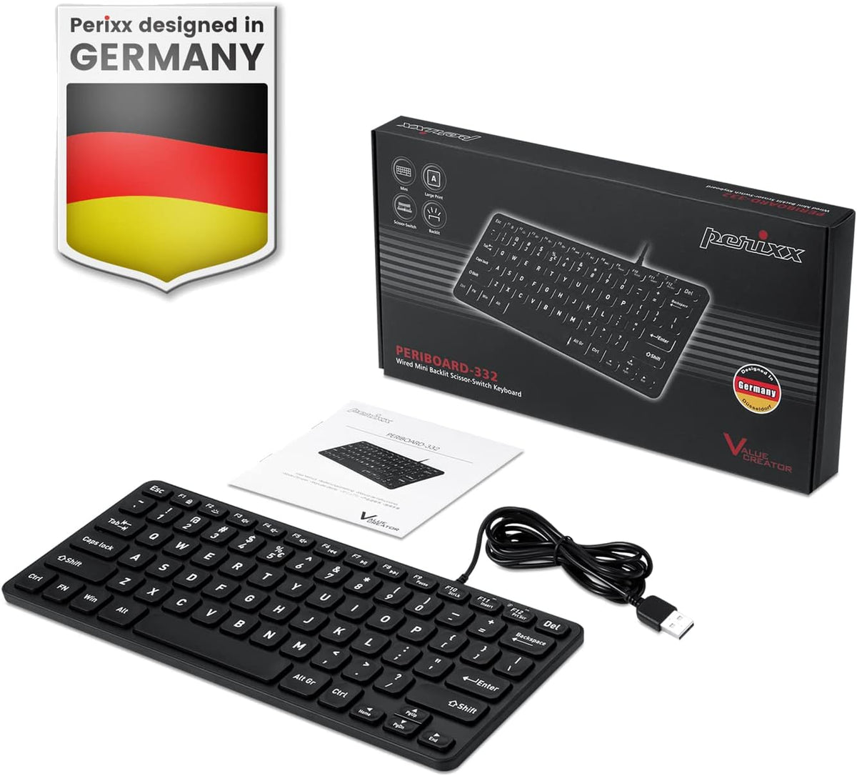 Perixx PERIBOARD-332 Wired Backlit USB Keyboard - Mini 11.22x4.57x0.83 Inches...