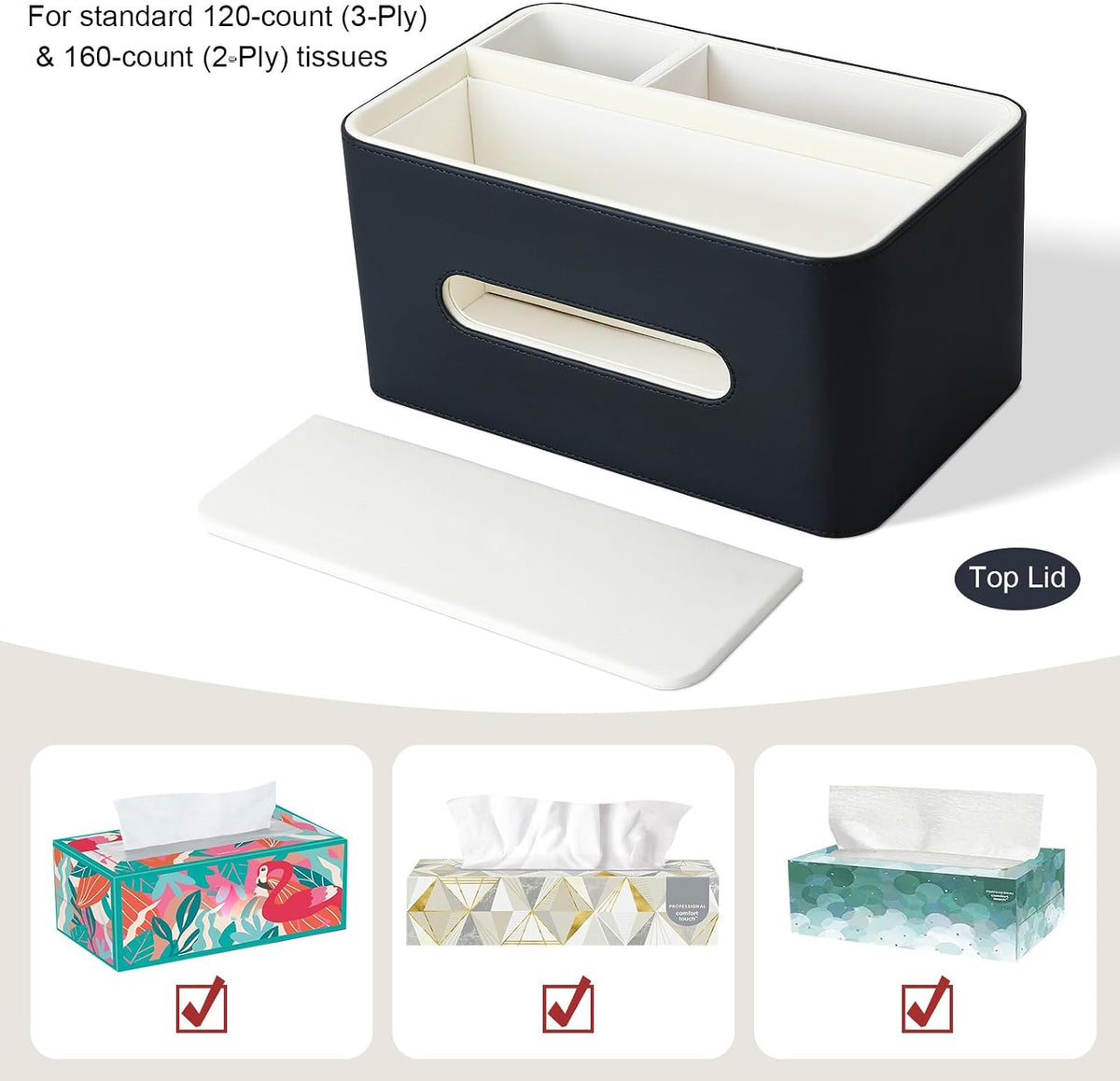 PU Leather Tissue Box Cover Rectangular with Storage Organizer Tray, Multifun...
