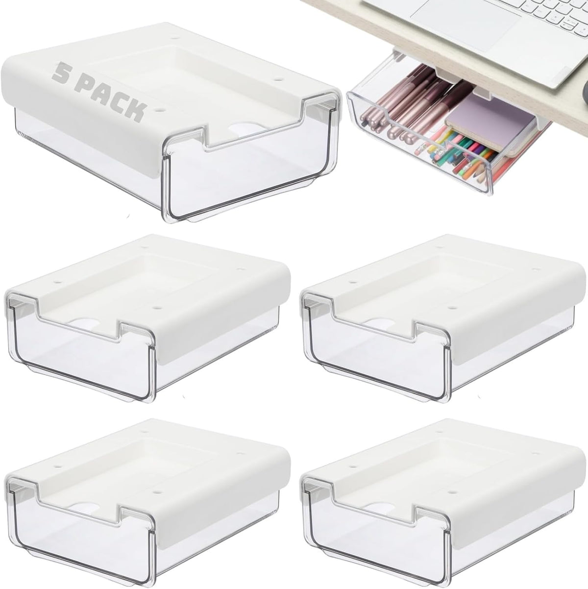 RHBLME 5 Pack Under Desk Drawer, Under Shelf Drawers Slide Out Self-Adhesive ...