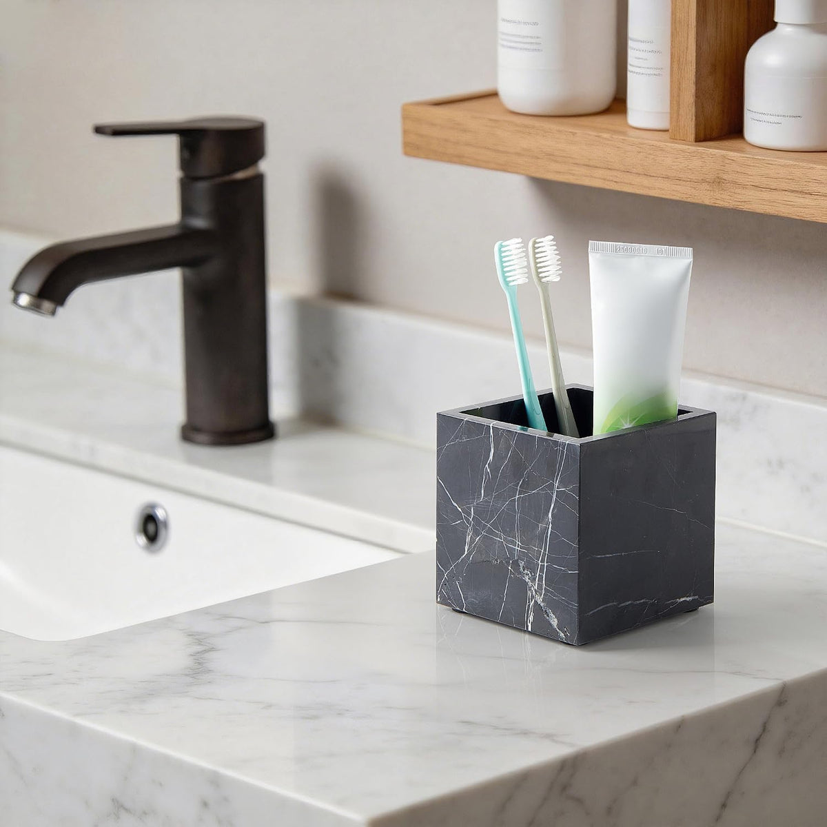 3.93 Inch Square Natural Marble Makeup Brush Holder & Toothbrush Holder