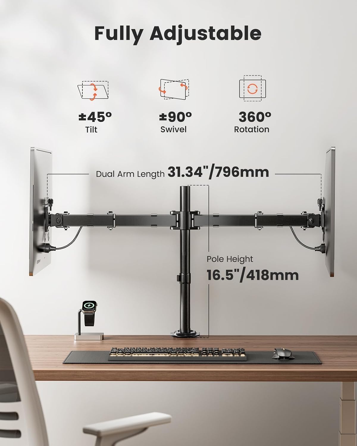 ergear dual monitor stand, heavy duty adjustable monitor showing dimensions