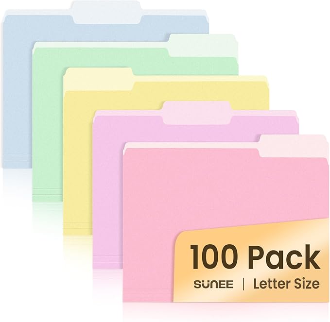 SUNEE File Folders, 100 Pack Manila File Folders 1/3 Cut Letter Size, Colored by SUNEE