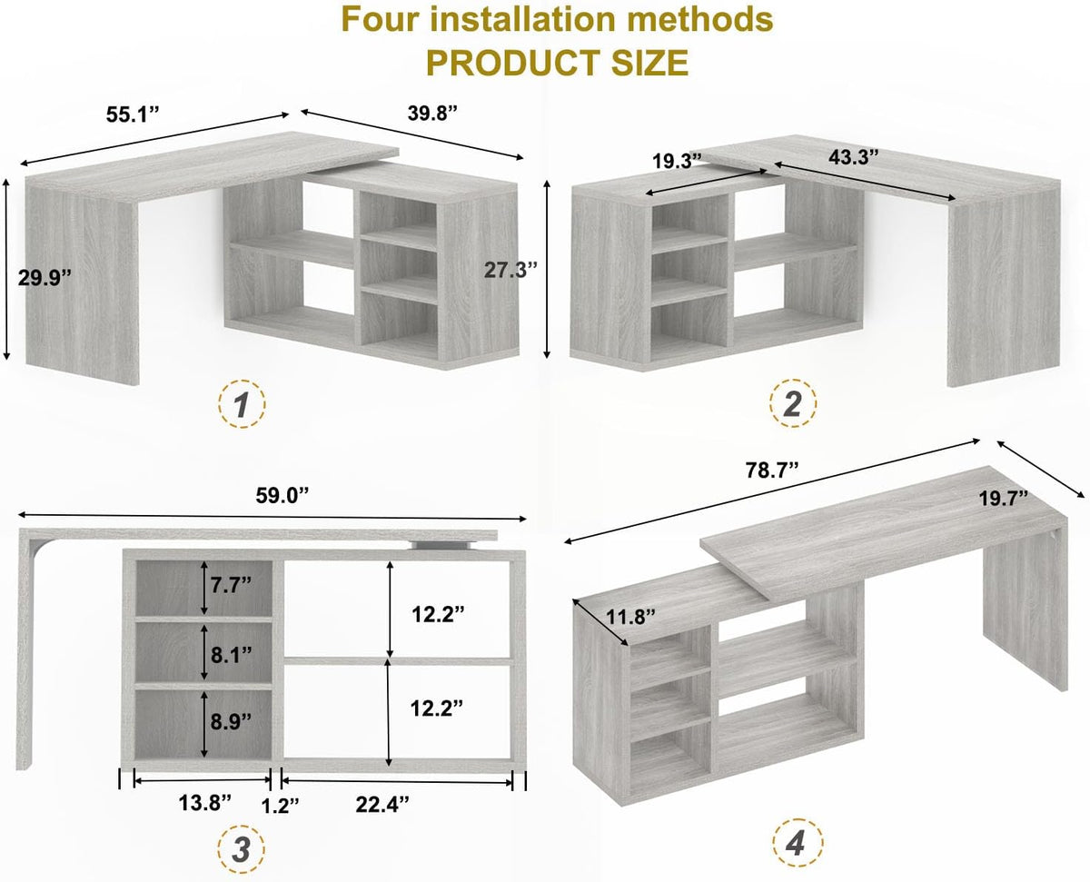 HSH L Shaped Corner Desk, Reversible Computer Desk, Light Grey, 55 Inch
