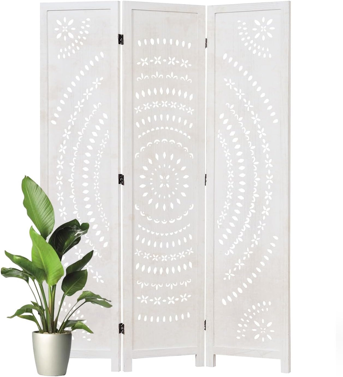 66.9Inch Folding Room Divider, 3 Panels Wood Carved Privacy Screens, Free
