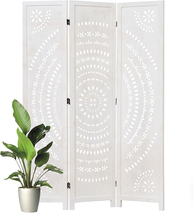 66.9Inch Folding Room Divider, 3 Panels Wood Carved Privacy Screens, Free by Svimi