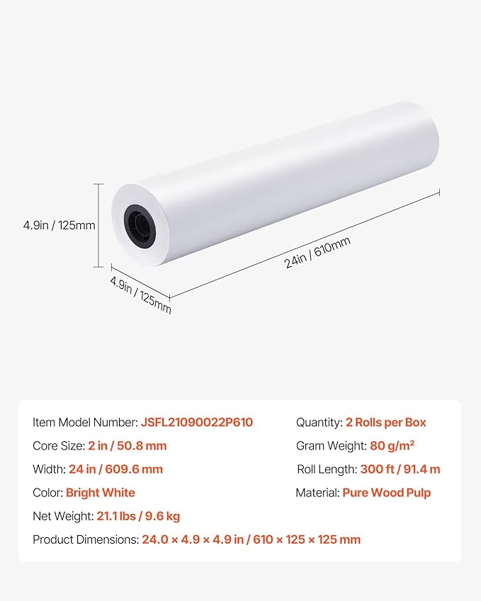 VEVOR Wide Format Paper, 24 in x 300 ft Plotter Roll, 2 Rolls CAD Bond Rolls - Image 7