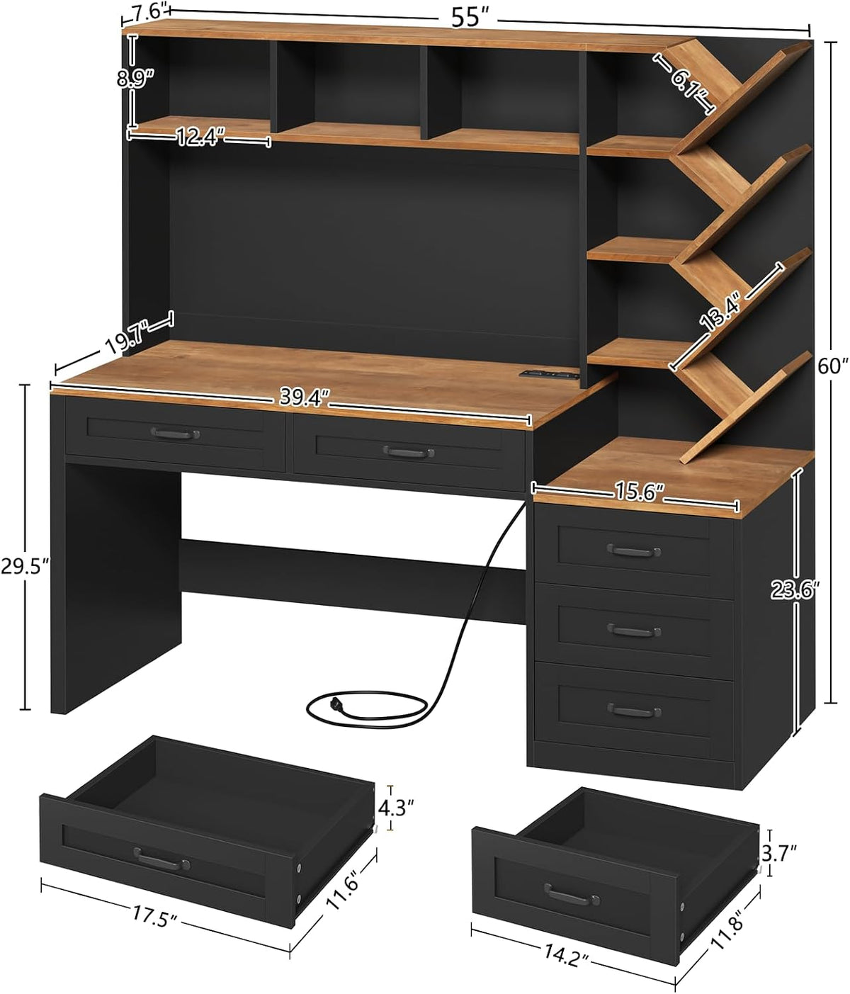 55" Computer Desk with Bookshelf, Drawers ＆ Hutch for Bedroom, Home Office