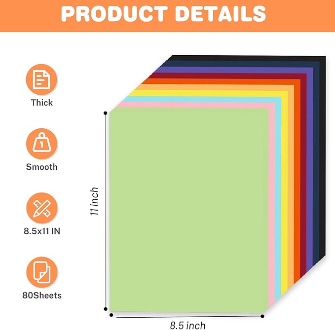 Cardstock 8.5 X 11, 80 Sheets 10 Colors Card Stock, 75lb/ 200gsm Copy Paper - Image 2