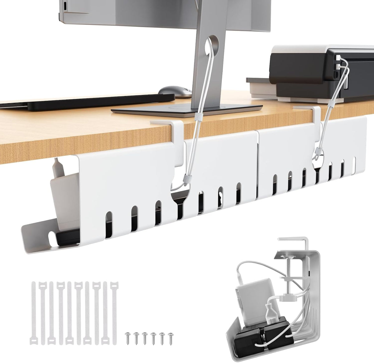 Syeeiex Under Desk Cable Management, Cord Organizer, White, 17inch, 2 Set