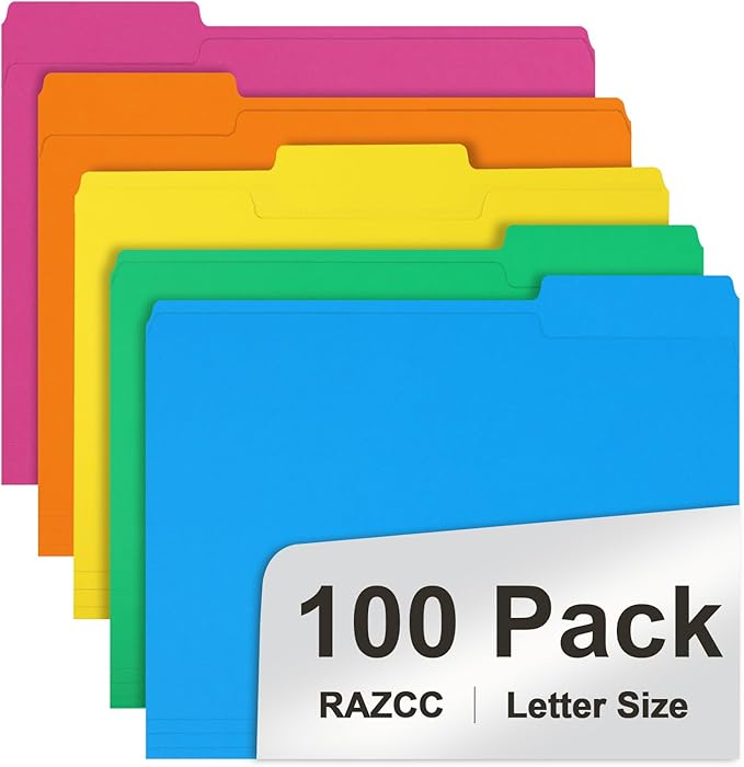 File Folder, RAZCC 100 Pack 1/3 Cut Tab Colored File Folders, File Folder by RAZCC