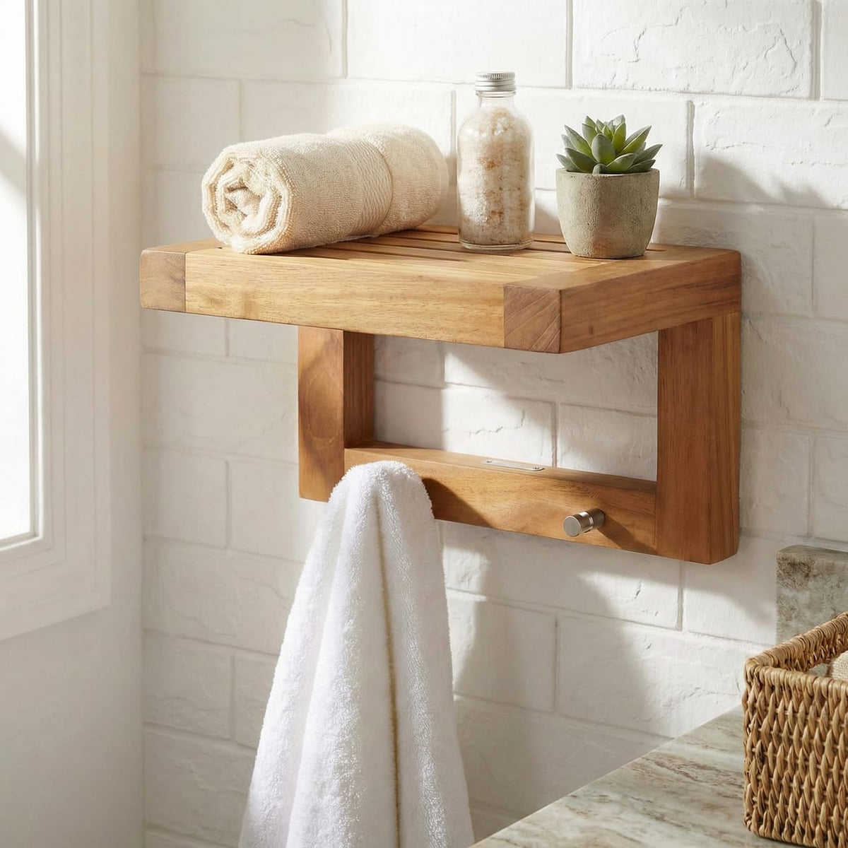 AquaTeak 12" Moa Floating Teak Wall Shelf with Hooks