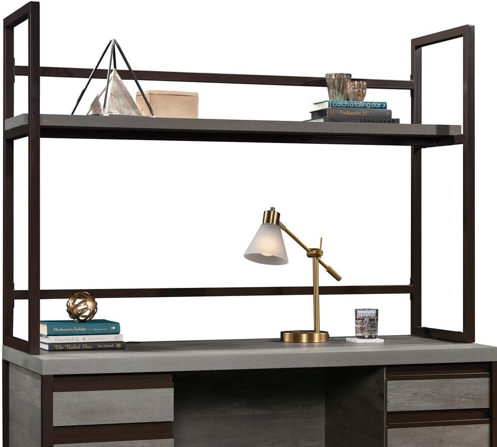 Desk Hutch with 1-Inch Thick Top, 60" Open Storage Shelf for Work Table, Metal Frame Hutch with Open Shelves, Brown & Grey