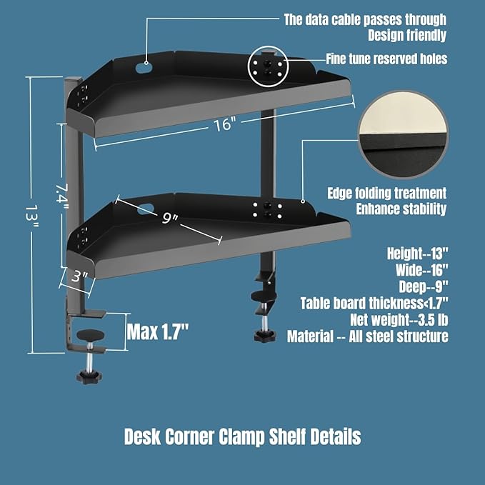 Yuxh Clamp On Desk Corner Shelf 2 Tier Cilp Under Table Corner Organizer - Image 2