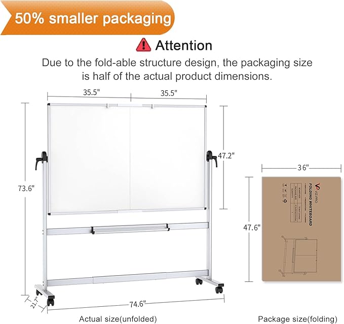 VIZ-PRO Double-Sided Mobile Whiteboard, 72 x 48 Inches, Magnetic Rolling Dry - Image 2