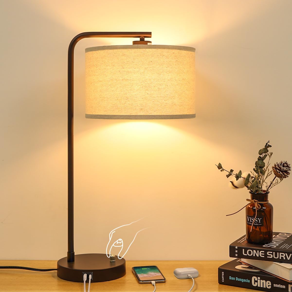 25" Tall Table Lamp with USB C+A Ports, Fully Stepless Dimmable Modern M...