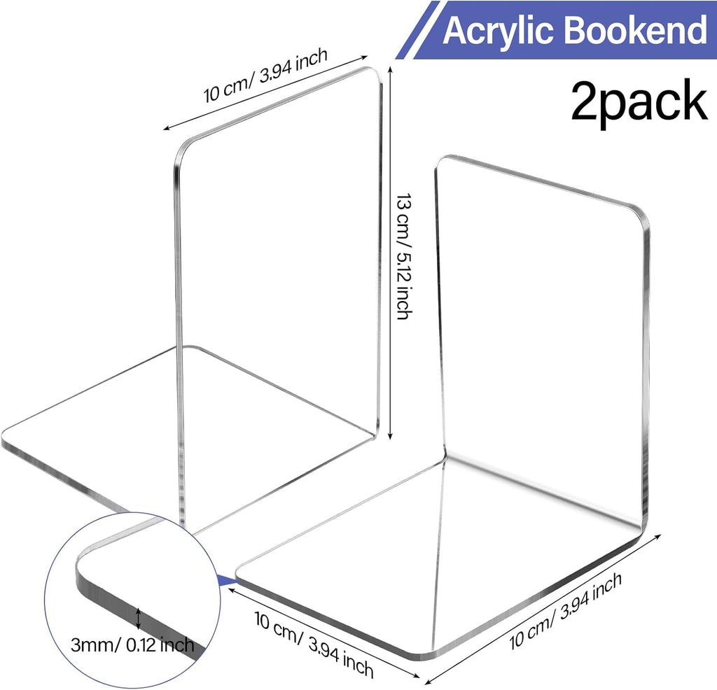 Clear Acrylic Book Ends for Shelves Heavy Duty L Shaped, 2 Pcs
