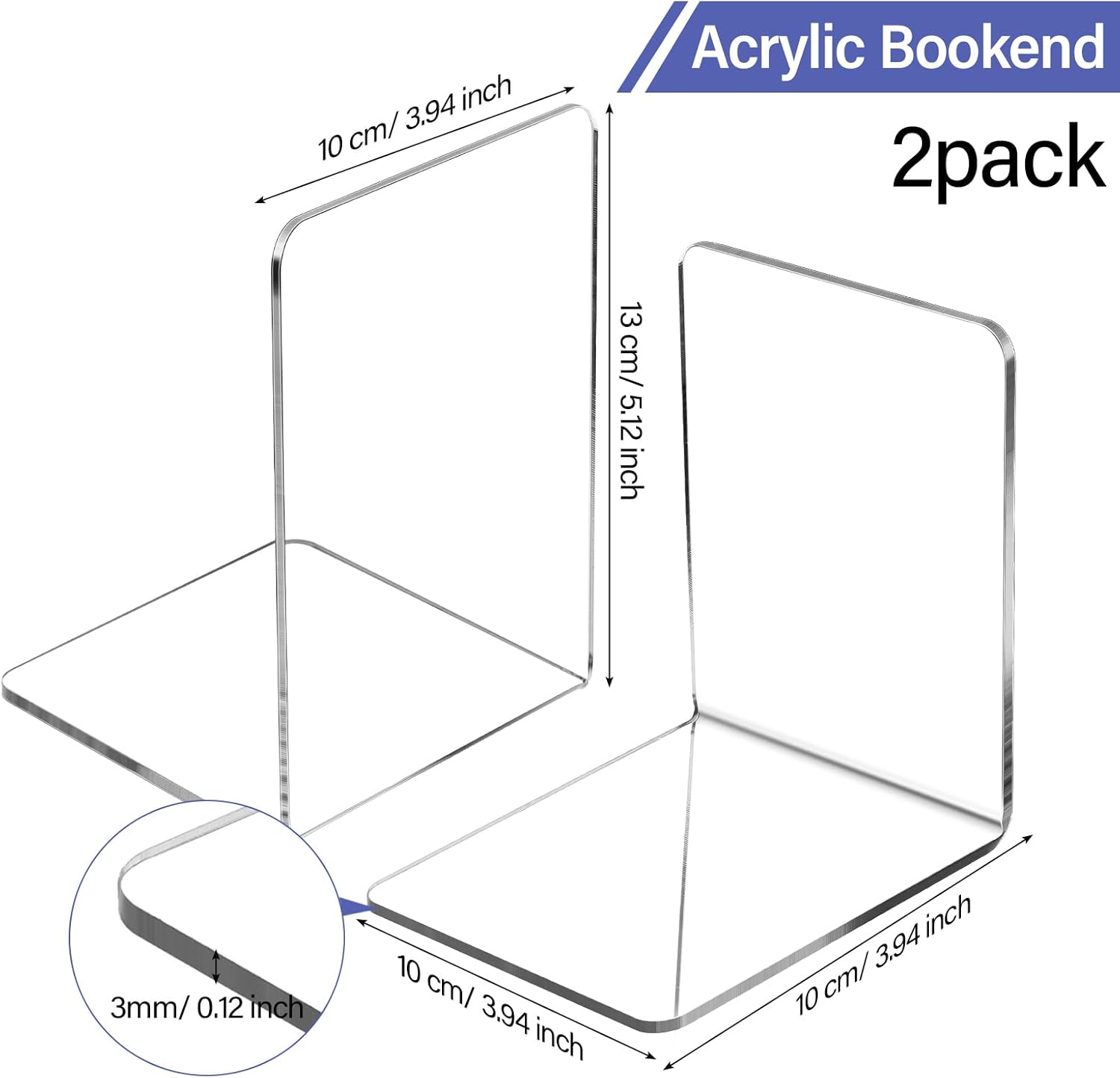Clear Acrylic Book Ends for Shelves Heavy Duty L Shaped, 2 Pcs